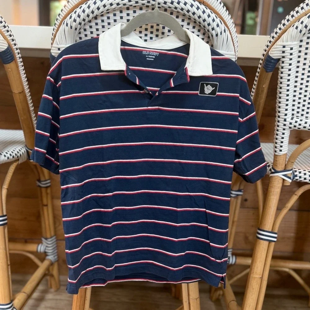 Old Navy Boys Navy Blue Striped Rugby Polo Shirt Shaka Patch Size L 10-12